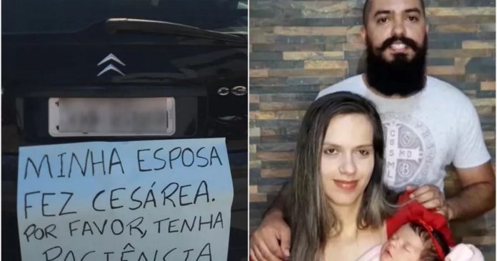 Pai chama atenção ao colar cartaz em carro pedindo paciência por dirigir devagar: ‘Minha esposa fez cesárea’