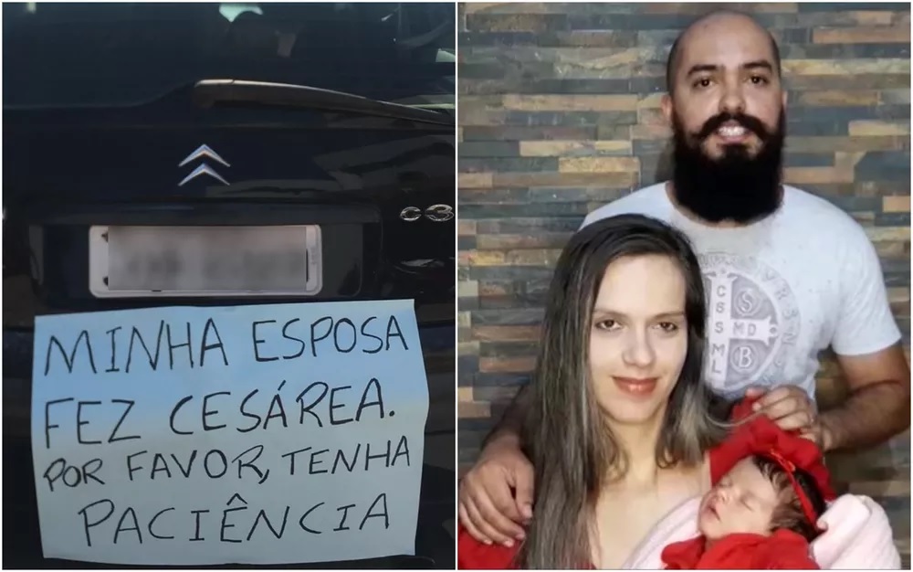 revistapazes.com - Pai chama atenção ao colar cartaz em carro pedindo paciência por dirigir devagar: 'Minha esposa fez cesárea'